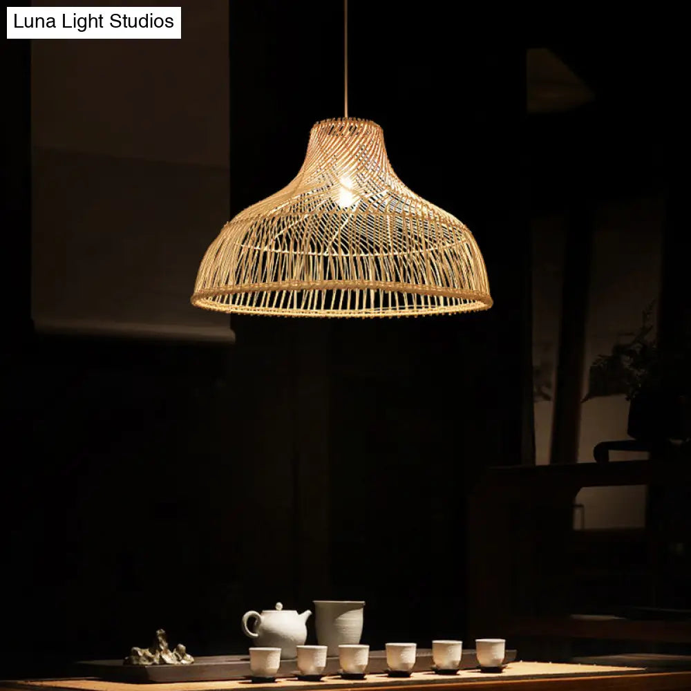 Hat Shape Pendant Light Contemporary Rattan Single-Bulb Tea Room Suspension In Wood