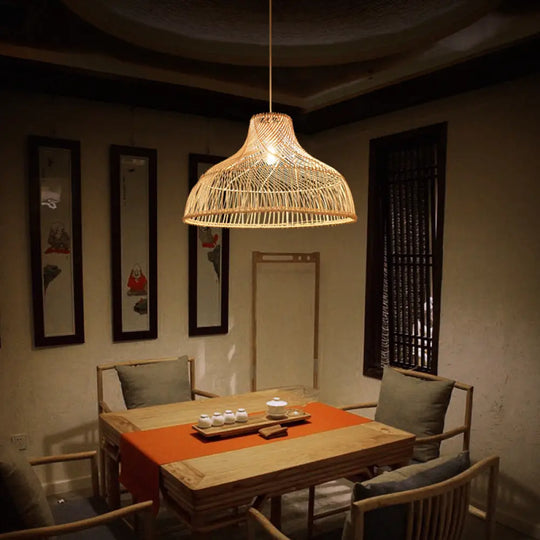 Hat Shape Pendant Light Contemporary Rattan Single-Bulb Tea Room Suspension In Wood / 16’