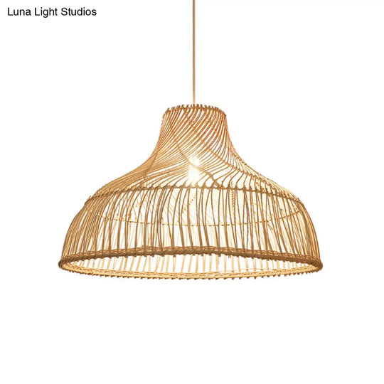 Hat Shape Pendant Light Contemporary Rattan Single-Bulb Tea Room Suspension In Wood