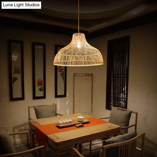 Hat Shape Pendant Light Contemporary Rattan Single-Bulb Tea Room Suspension In Wood