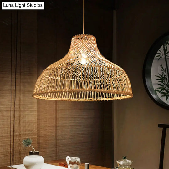 Hat Shape Pendant Light Contemporary Rattan Single-Bulb Tea Room Suspension In Wood