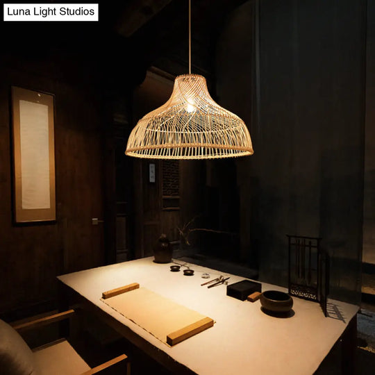 Hat Shape Pendant Light Contemporary Rattan Single-Bulb Tea Room Suspension In Wood