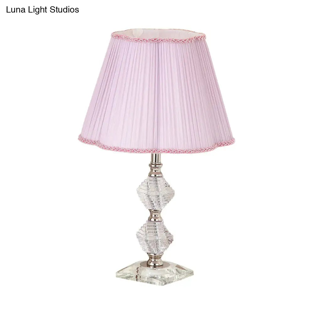 Contemporary Pink Fabric Flower Shade Reading Lamp With Crystal Base- 1 Light Night Table Lighting