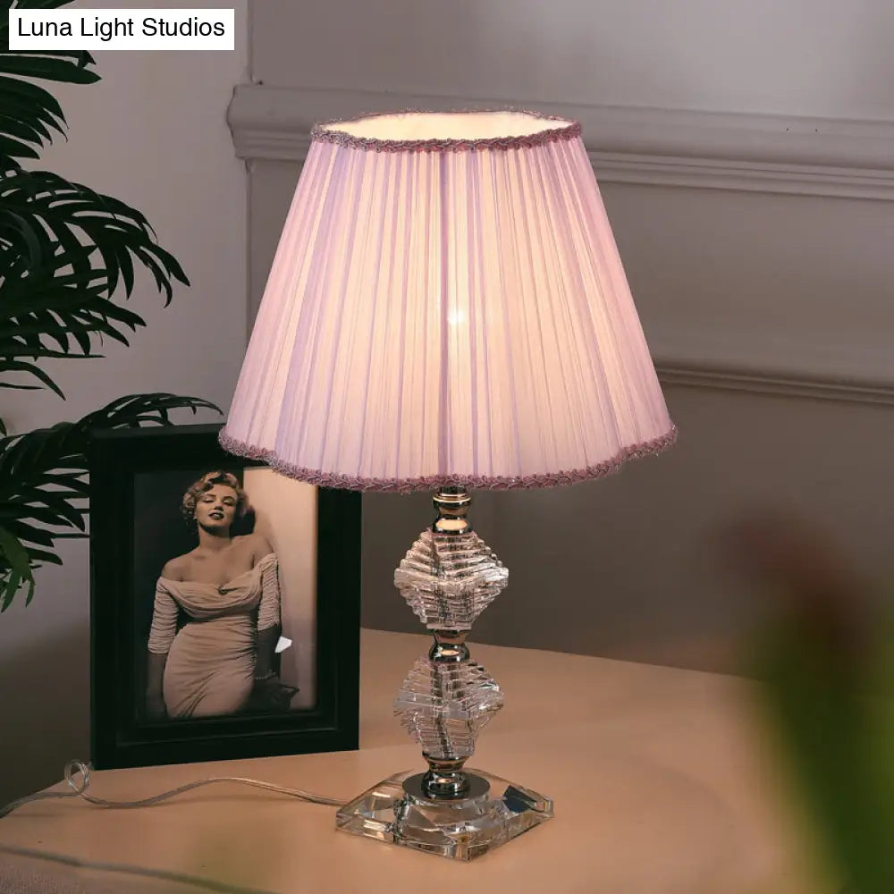 Contemporary Pink Fabric Flower Shade Reading Lamp With Crystal Base- 1 Light Night Table Lighting