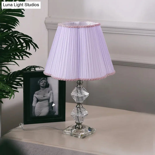 Contemporary Pink Fabric Flower Shade Reading Lamp With Crystal Base- 1 Light Night Table Lighting