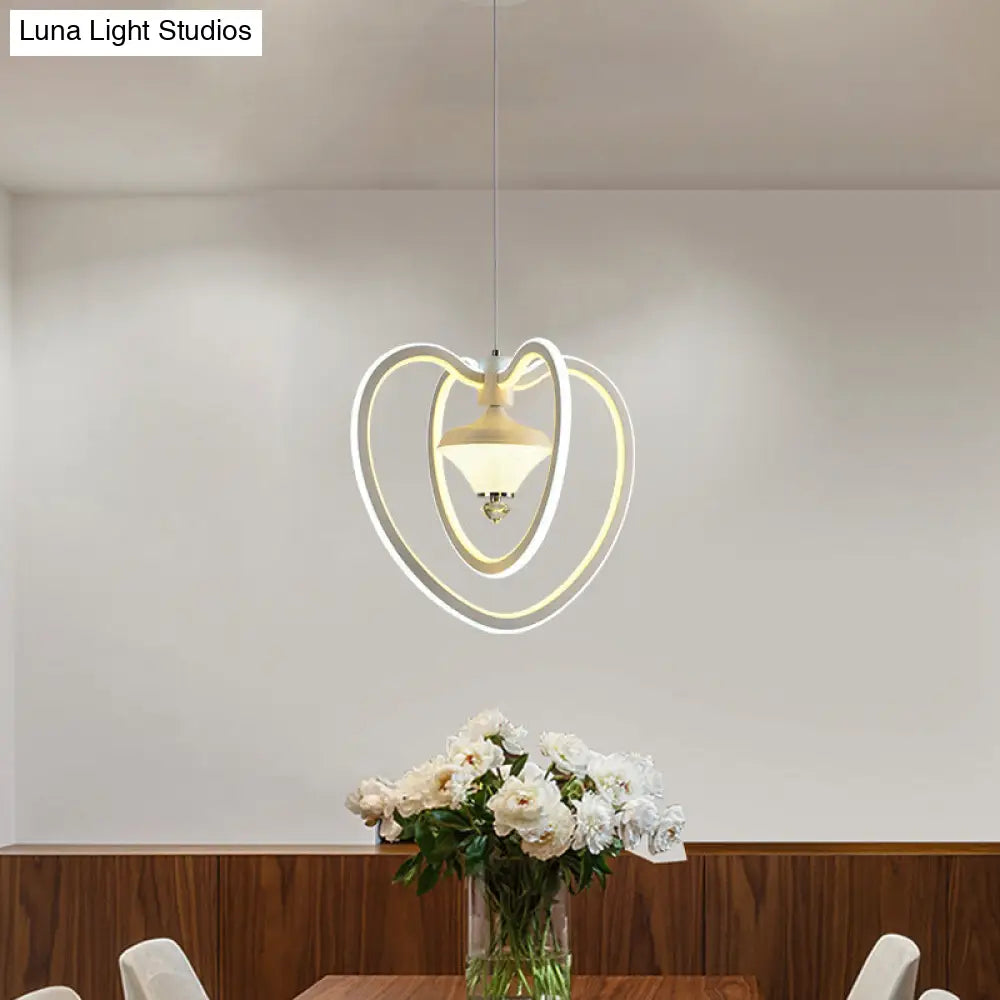 Heart Frame Acrylic Led Pendant Ceiling Light White Hanging With Diamond Accent