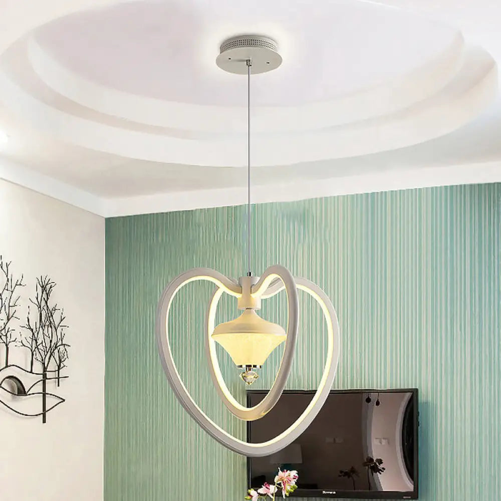 Heart Frame Acrylic Led Pendant Ceiling Light White Hanging With Diamond Accent