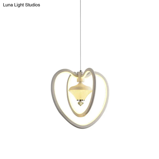 Heart Frame Acrylic Led Pendant Ceiling Light White Hanging With Diamond Accent