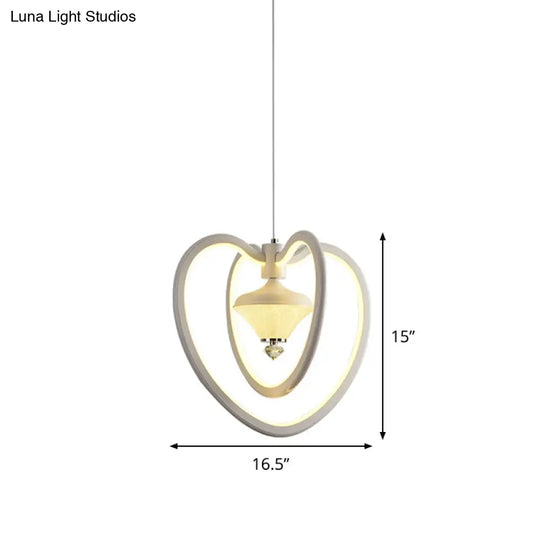 Heart Frame Acrylic Led Pendant Ceiling Light White Hanging With Diamond Accent