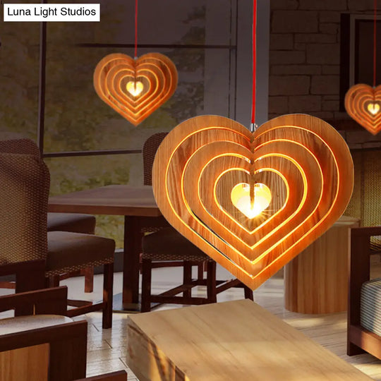 Contemporary Wood Heart Pendulum Light Beige Hanging Pendant With 1 Bulb