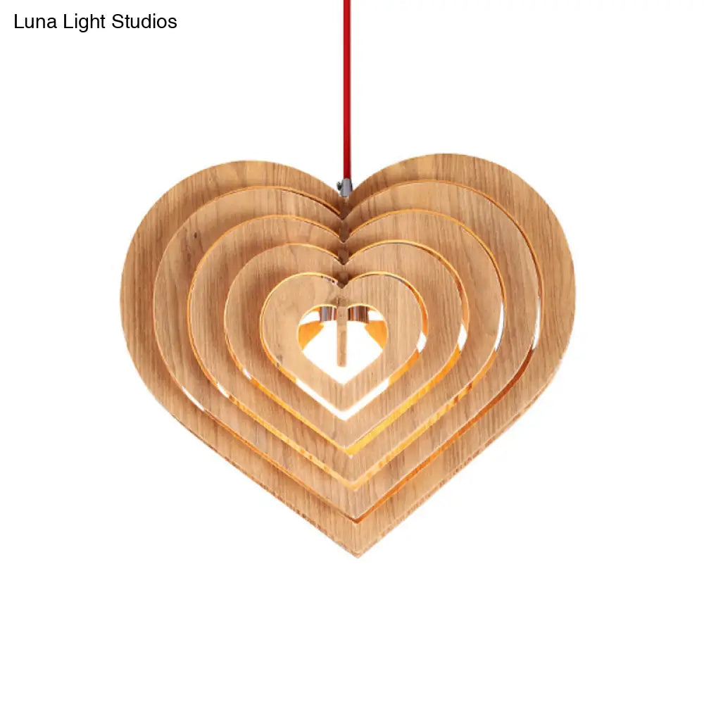 Contemporary Wood Heart Pendulum Light Beige Hanging Pendant With 1 Bulb