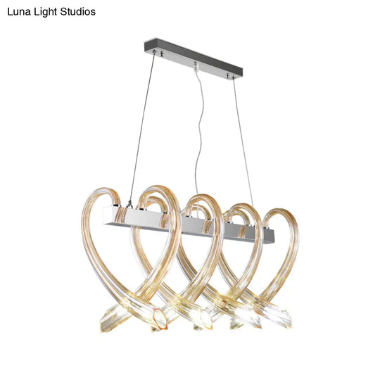 Heart-Shaped Chrome Island Light: Minimalist 8-Head Amber Glass Pendant For Restaurants