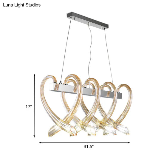 Heart-Shaped Chrome Island Light: Minimalist 8-Head Amber Glass Pendant For Restaurants