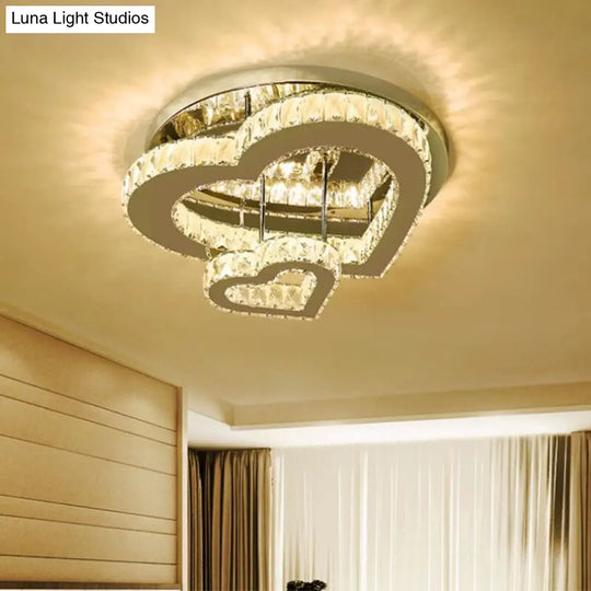 Heart-Shaped Crystal Block Led Ceiling Light In Chrome - Warm/White Lighting For Bedroom