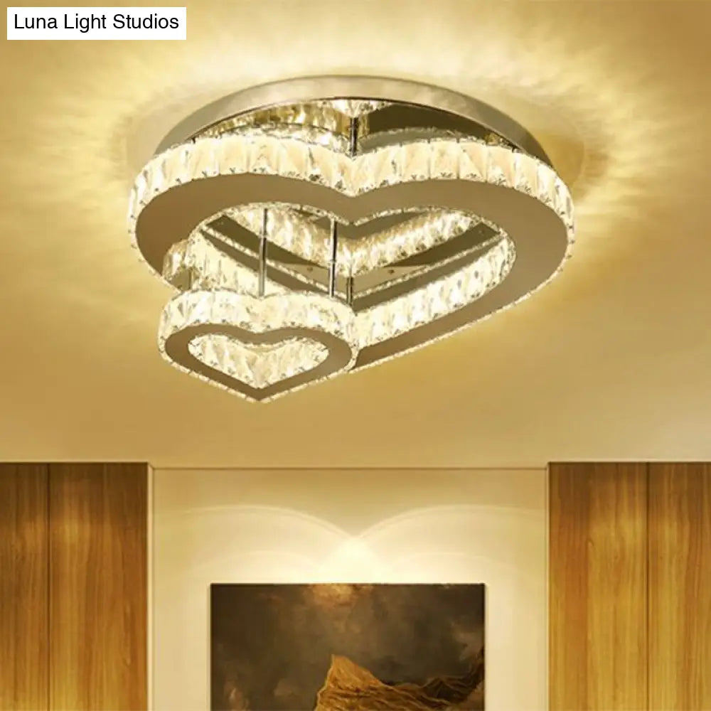Heart - Shaped Crystal Block Led Ceiling Light In Chrome - Warm/White Lighting For Bedroom