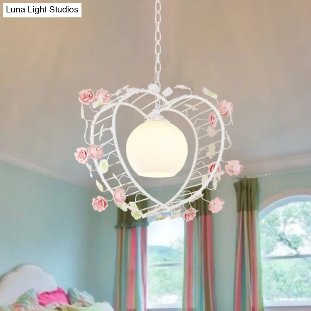 Heart-Shaped Metal Pendant Light For Pastoral Dining Room - White Led Suspension Fixture