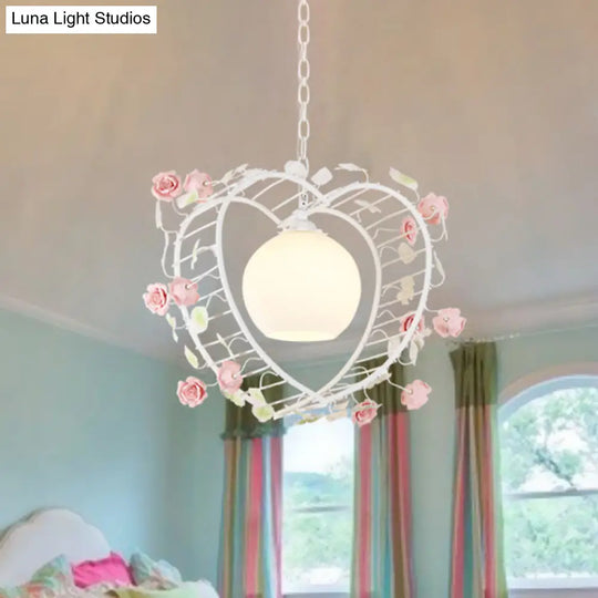 Heart-Shaped Metal Pendant Light For Pastoral Dining Room - White Led Suspension Fixture