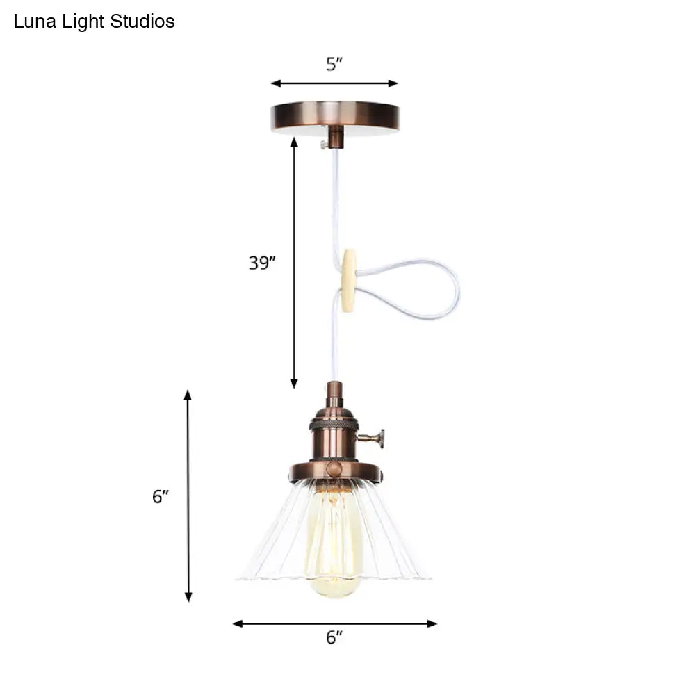 Height-Adjustable 1-Light Industrial Conic Pendant Lamp With Amber/Clear Glass For Coffee Shops -