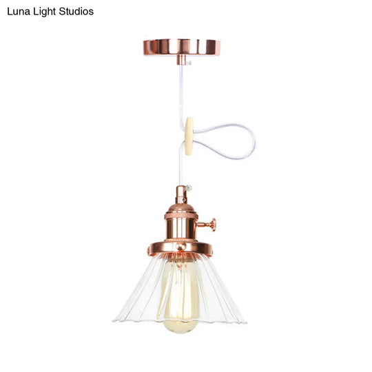 Height-Adjustable 1-Light Industrial Conic Pendant Lamp With Amber/Clear Glass For Coffee Shops -