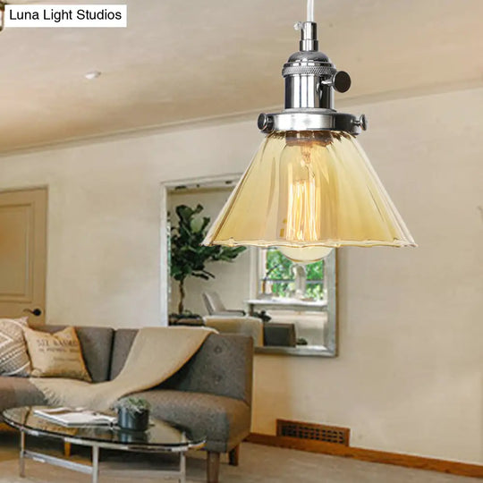 Height Adjustable Industrial Conic Hanging Lamp - Amber/Clear Glass 1-Light Pendant Lighting For