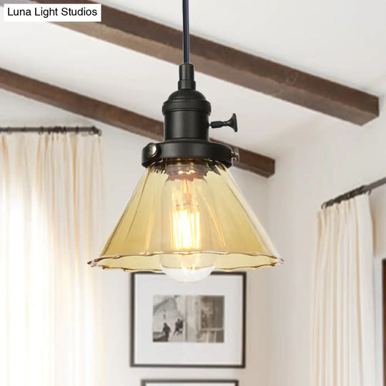 Height Adjustable Industrial Conic Hanging Lamp - Amber/Clear Glass 1-Light Pendant Lighting For