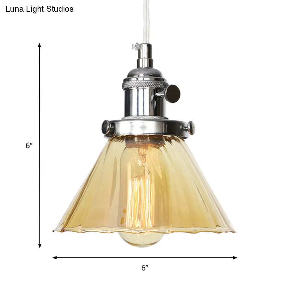 Height-Adjustable 1-Light Industrial Conic Pendant Lamp With Amber/Clear Glass For Coffee Shops -