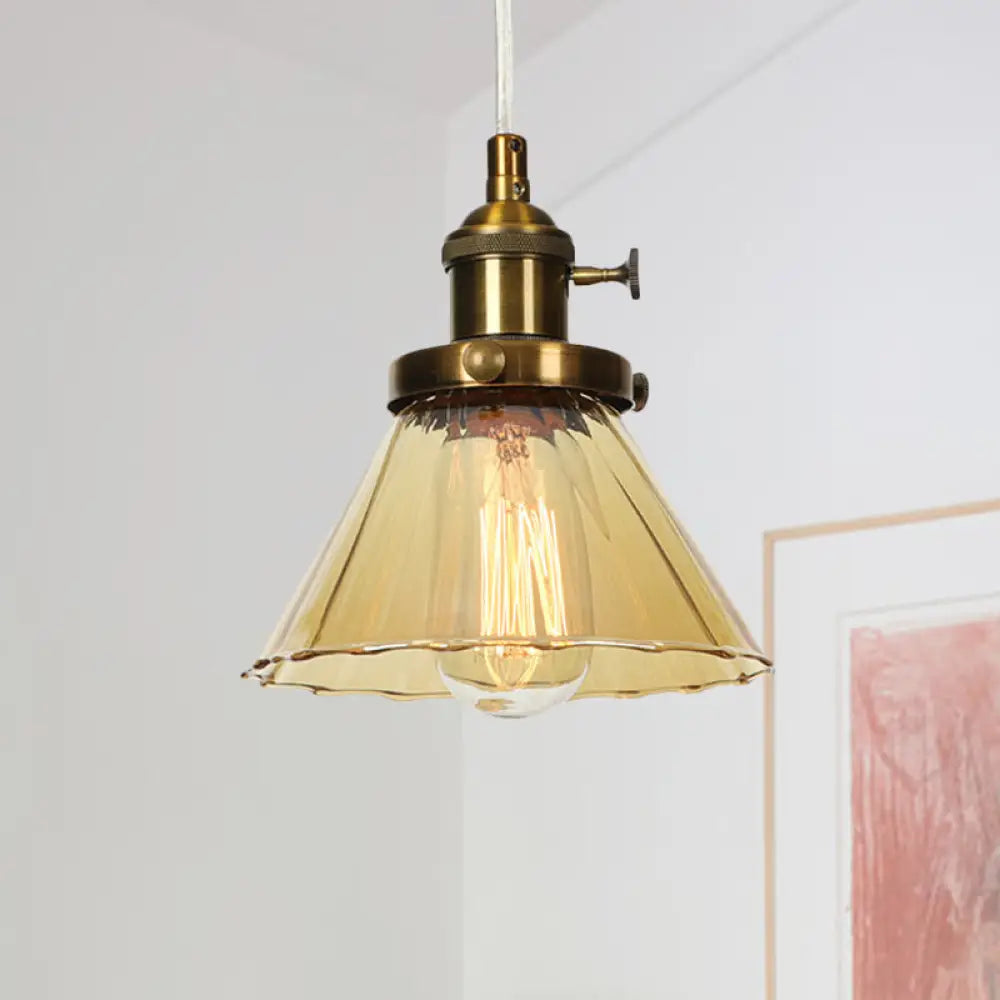 Height-Adjustable 1-Light Industrial Conic Pendant Lamp With Amber/Clear Glass For Coffee Shops -