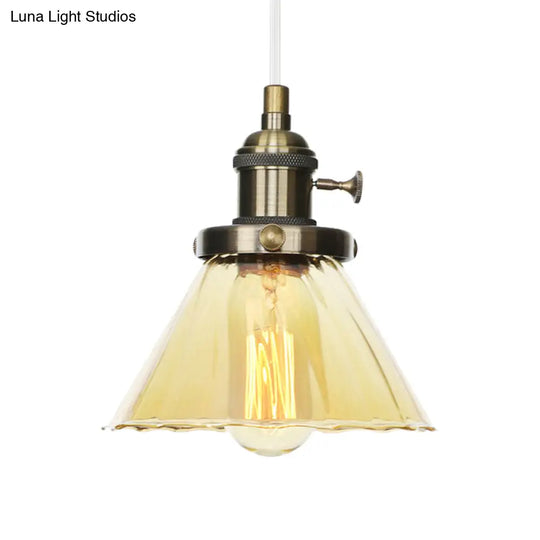 Height-Adjustable 1-Light Industrial Conic Pendant Lamp With Amber/Clear Glass For Coffee Shops -