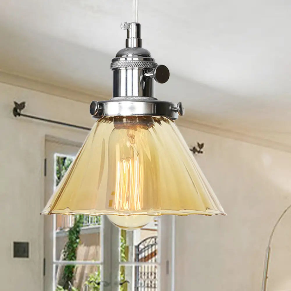 Height-Adjustable 1-Light Industrial Conic Pendant Lamp With Amber/Clear Glass For Coffee Shops -