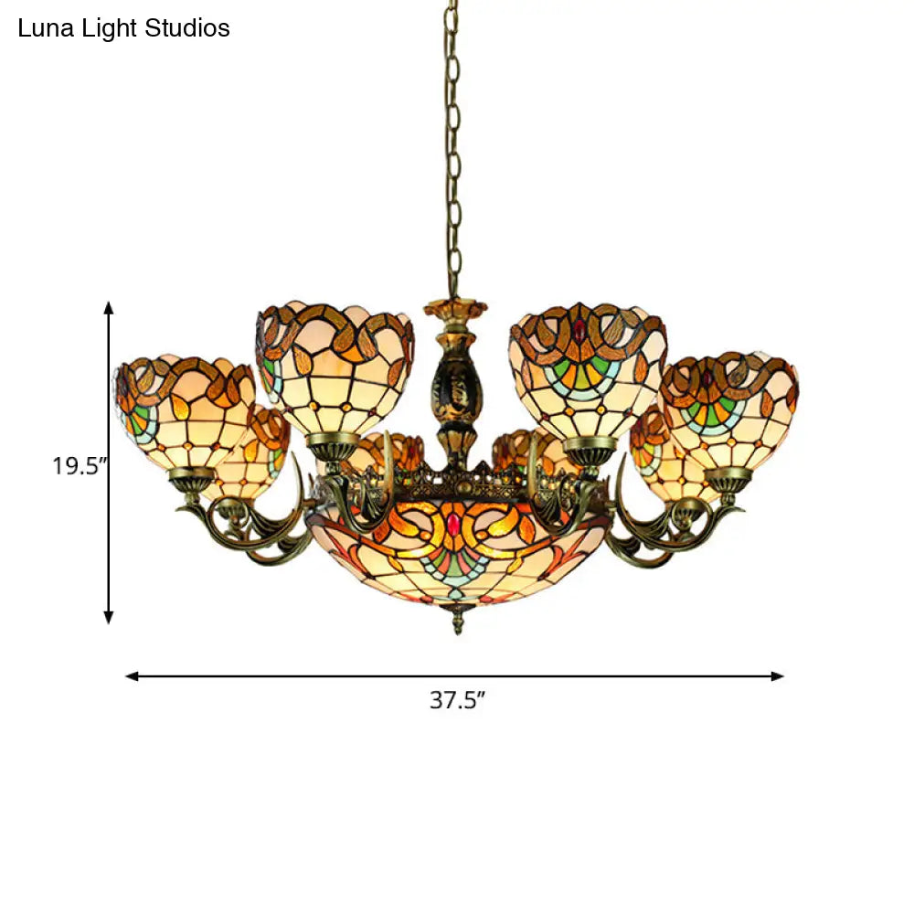 Height-Adjustable Stained Glass Multi-Light Chandelier With Metal Chain