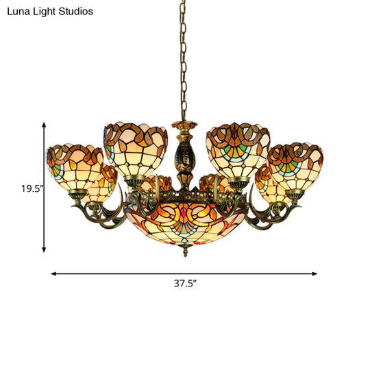 Height-Adjustable Stained Glass Multi-Light Chandelier With Metal Chain