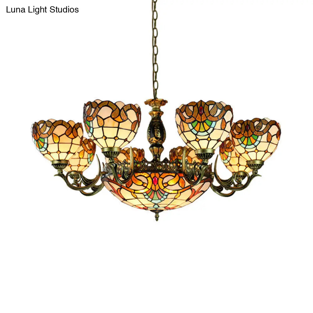 Height-Adjustable Stained Glass Pendant Chandelier With Metal Chain