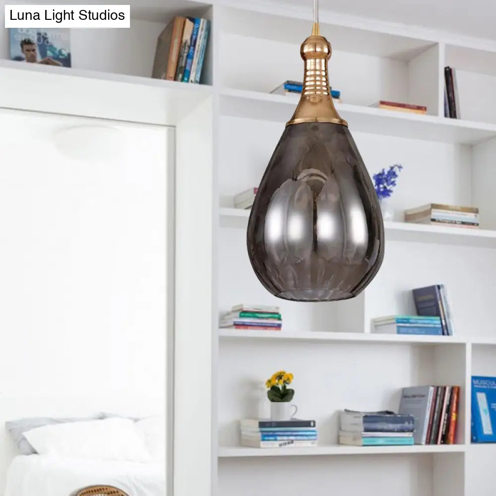 Height-Adjustable Vintage Teardrop Pendant Light With Amber/Clear/Smoke Water Glass Shade