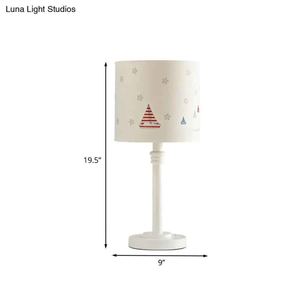 Hélène - Cartoon White Table Lamp With Drum Patterned Fabric Shade