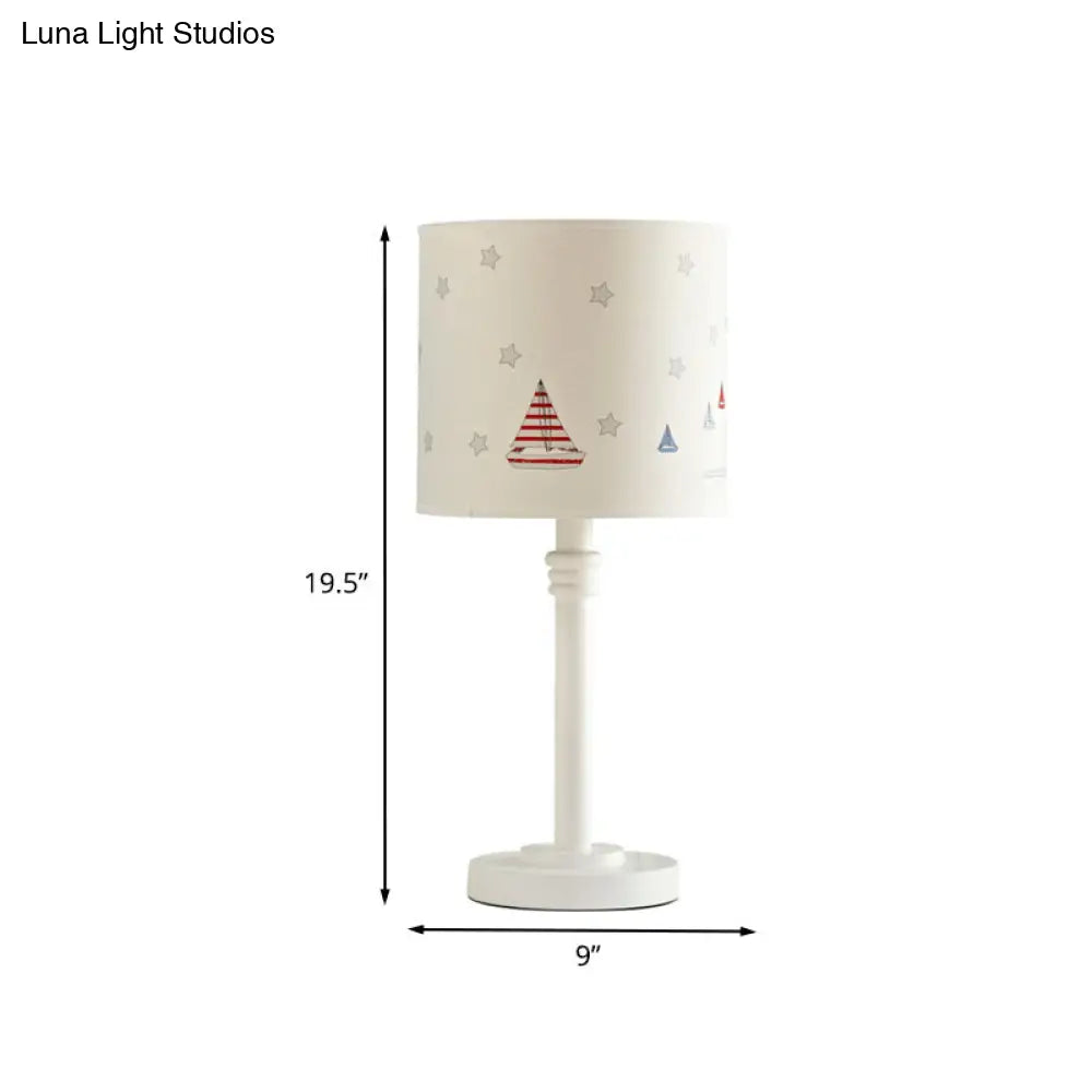 Cartoon White Table Lamp With Drum Fabric Shade - Single Bedroom Nightstand Light