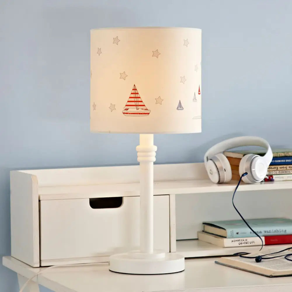 Hélène - Cartoon White Table Lamp With Drum Patterned Fabric Shade