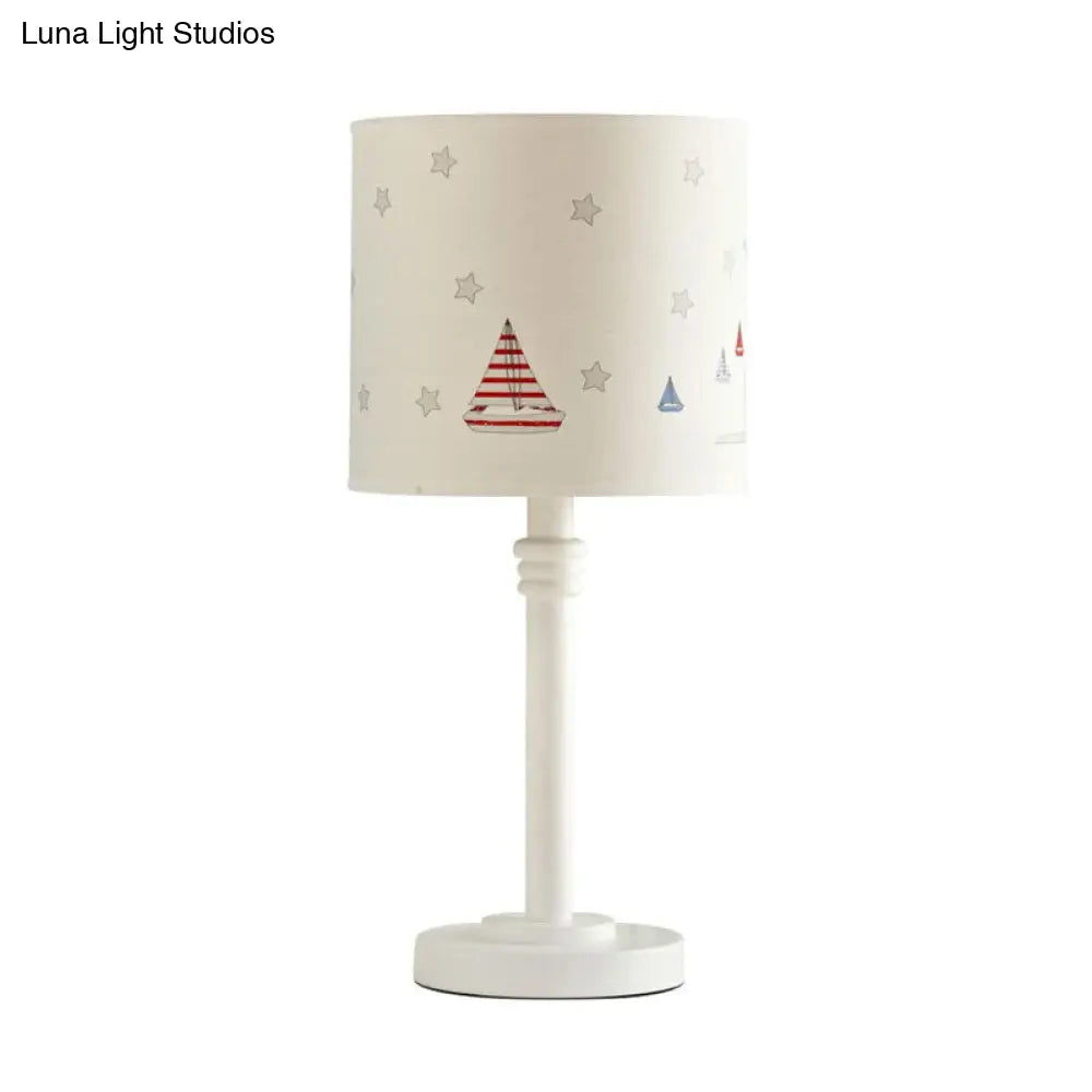 Cartoon White Table Lamp With Drum Fabric Shade - Single Bedroom Nightstand Light