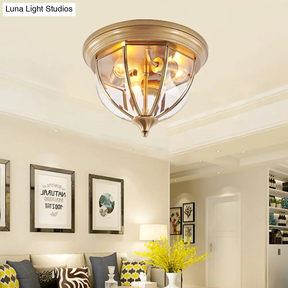 Hemisphere Clear Glass Flush Mount Chandelier - Traditional Brass Ceiling Light Fixture 3 Heads