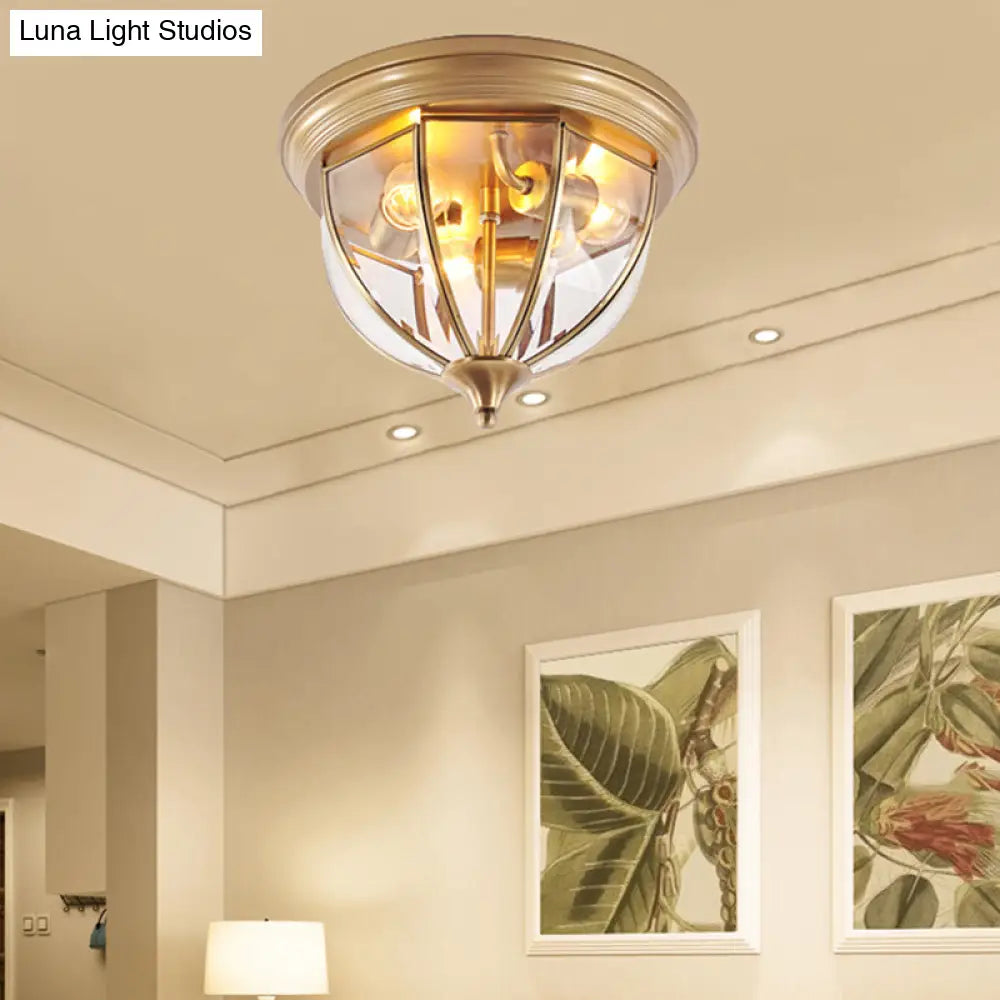 Hemisphere Clear Glass Flush Mount Chandelier - Traditional Brass Ceiling Light Fixture 3 Heads