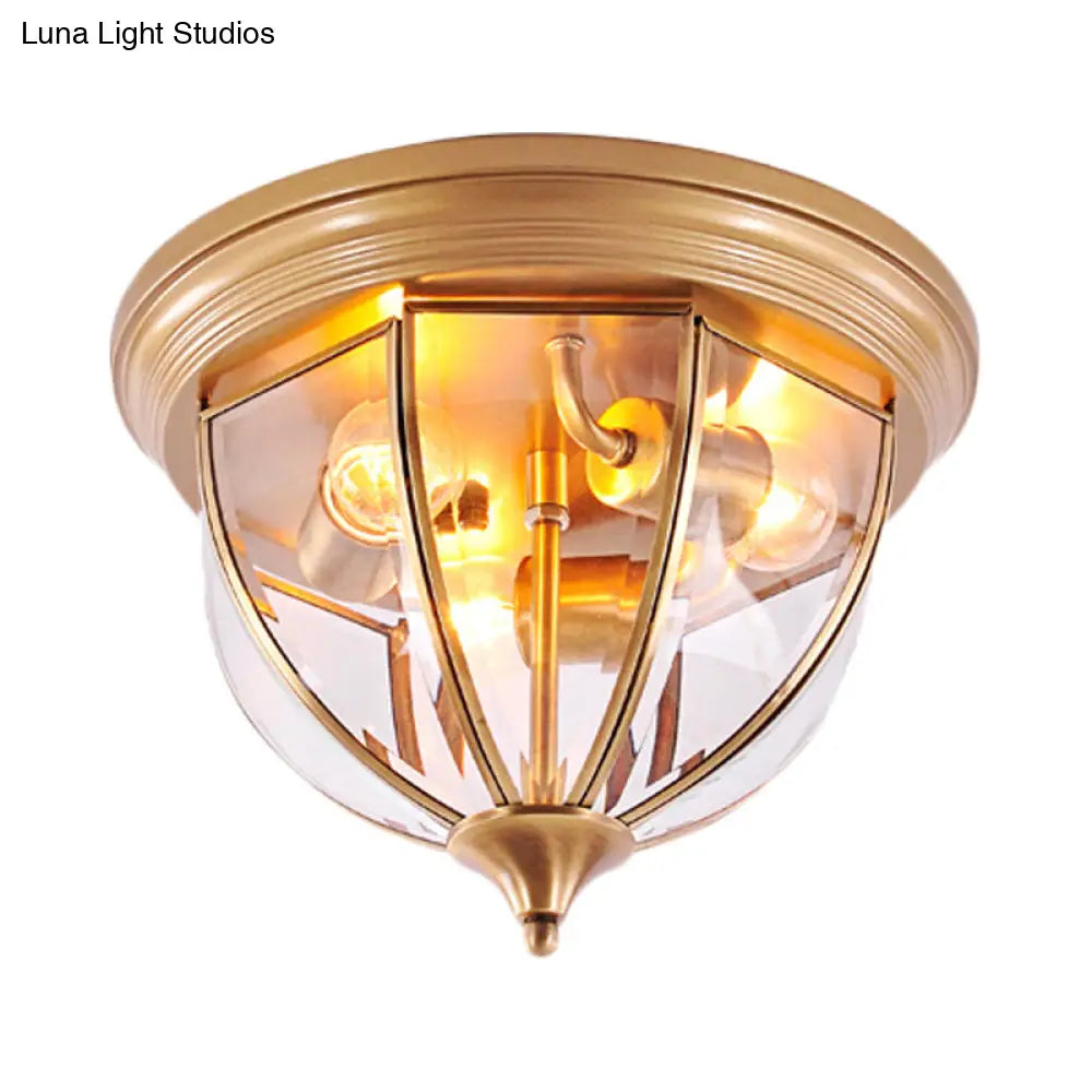 Hemisphere Clear Glass Flush Mount Chandelier - Traditional Brass Ceiling Light Fixture 3 Heads