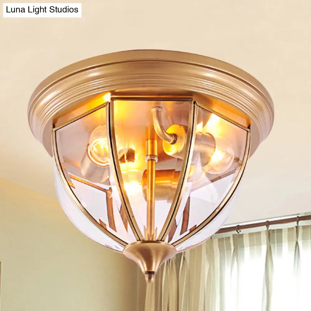 Hemisphere Clear Glass Flush Mount Chandelier - Traditional Brass Ceiling Light Fixture 3 Heads