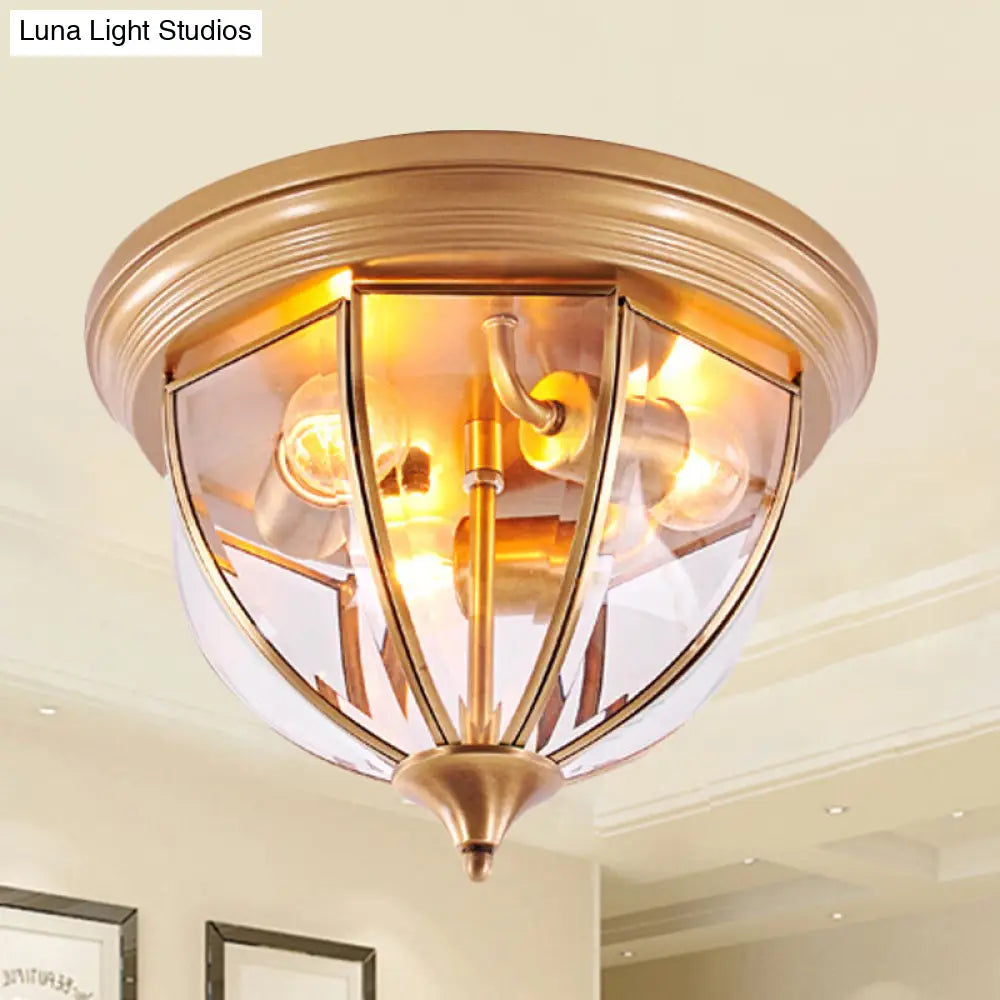 Hemisphere Clear Glass Flush Mount Chandelier - Traditional Brass Ceiling Light Fixture 3 Heads