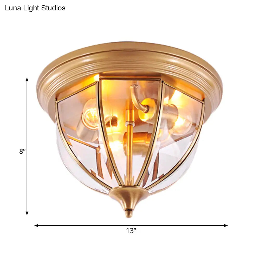 Hemisphere Clear Glass Flush Mount Chandelier - Traditional Brass Ceiling Light Fixture 3 Heads