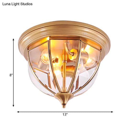 Hemisphere Clear Glass Flush Mount Chandelier - Traditional Brass Ceiling Light Fixture 3 Heads