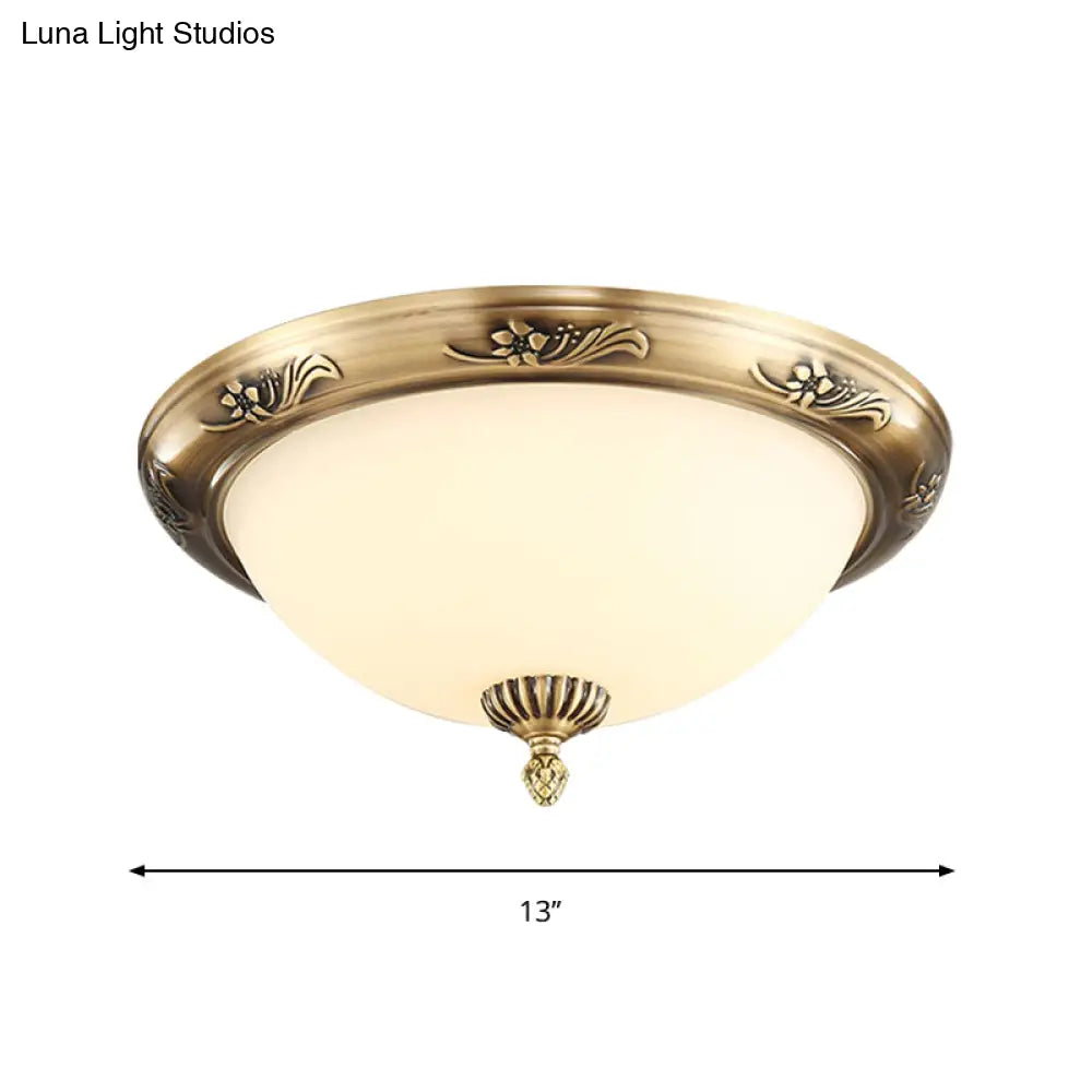 Hemisphere Flush Ceiling Light Brass Finish 2-Bulb Milky Glass Office Lighting 13/15/19.5 Dia