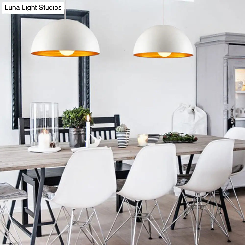 Hemisphere Industrial Metal Dining Room Suspension Lamp - 1 Light Down Pendant White-Gold / Small