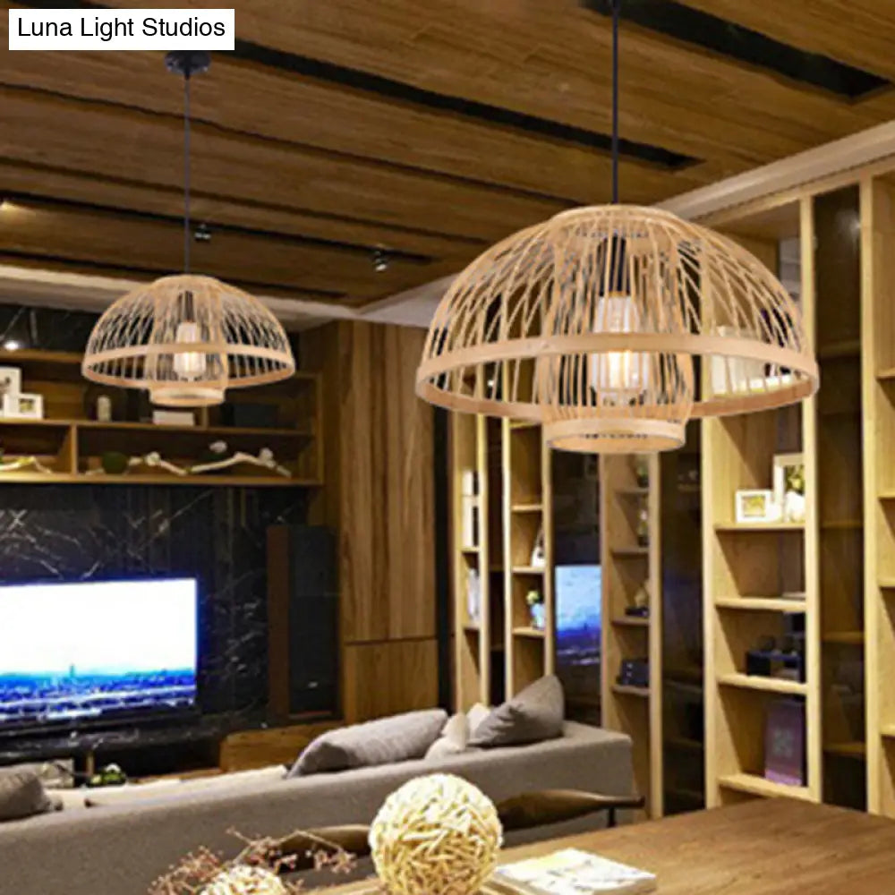 Hemispherical Bamboo Pendant Light: Asia 1-Light Beige Ceiling Fixture