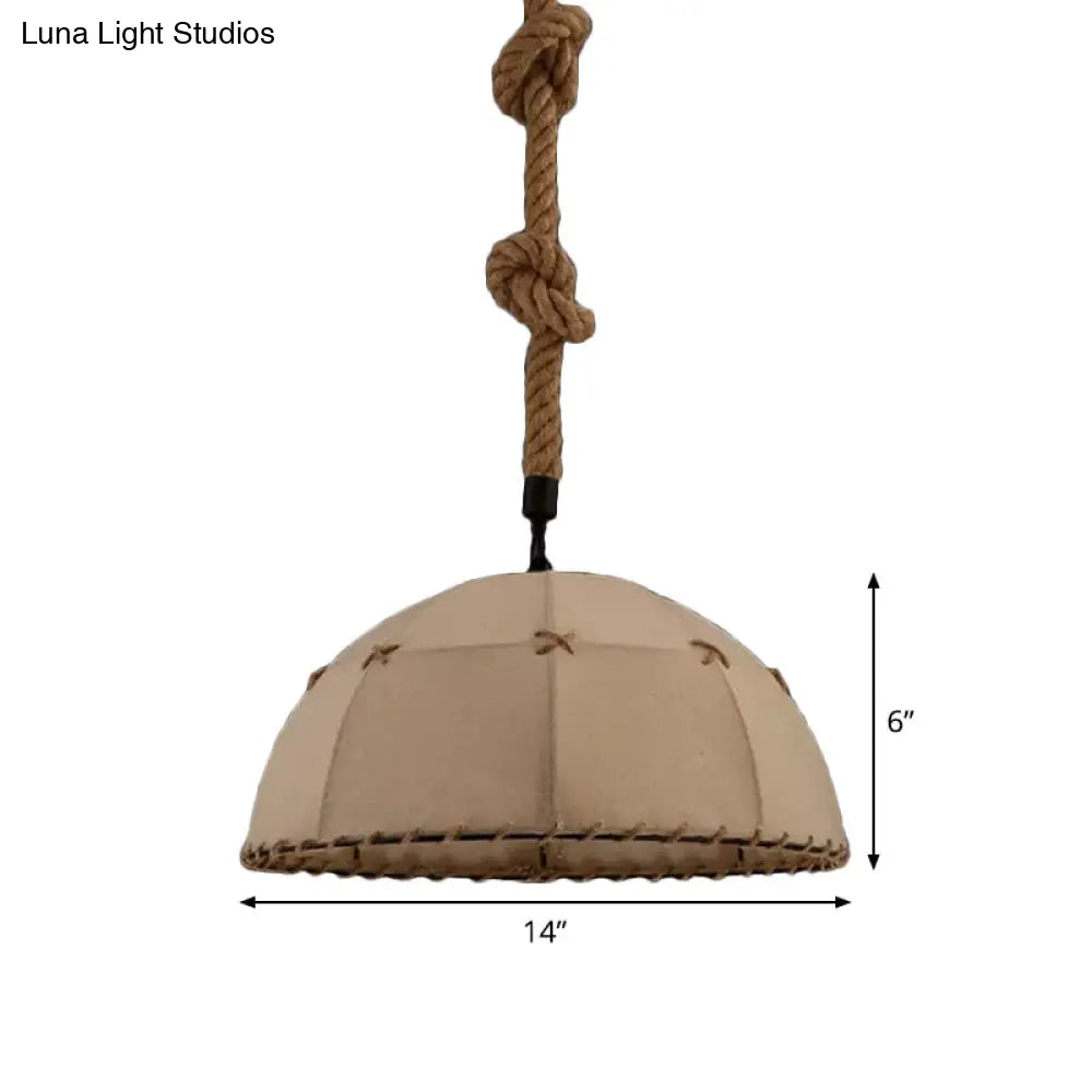 Hemispherical Fabric Pendant Lamp W/ Down Lighting Rope Detail (Brown) - 14’/18’ For Cottage