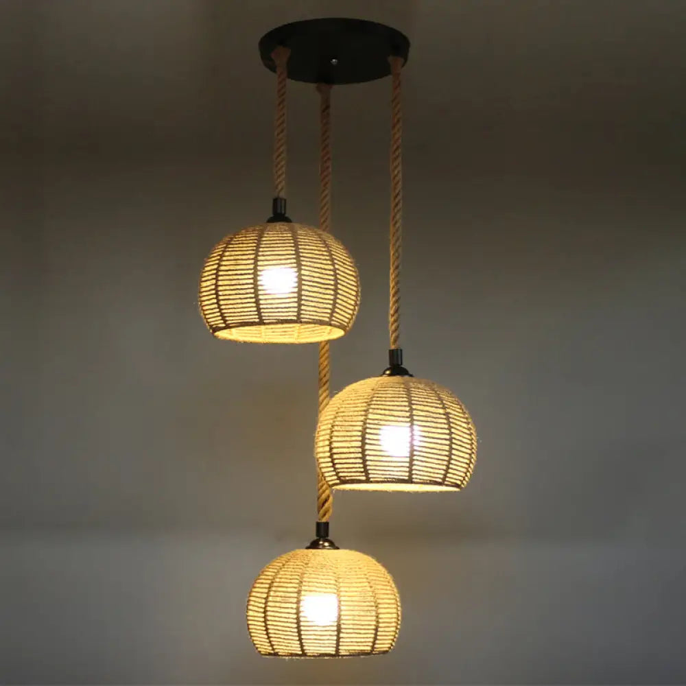 Hemispherical Farmhouse Hanging Lamp - 1-Light Hemp Rope Pendant Light For Dining Room 3 / Wood 12’