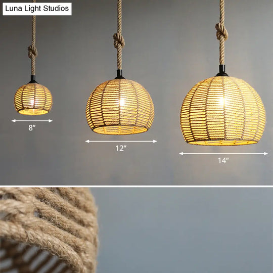 Hemispherical Farmhouse Hanging Lamp - 1-Light Hemp Rope Pendant Light For Dining Room